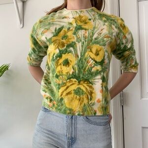 VTG French Angora Lambswool Sweater Hand-Screened Floral - Angelon by Darlene